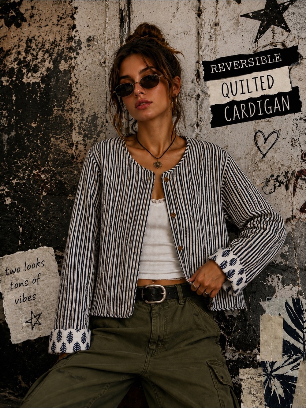 Quilted Reversible Button-Up Cardigan Jacket - Boho Cottagecore, 100% Cotton